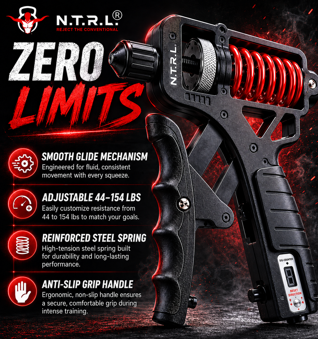 N.T.R.L. Adjustable Grip Strengthener — smooth glide mechanism, adjustable 44–154 lbs, reinforced steel spring, anti-slip handle