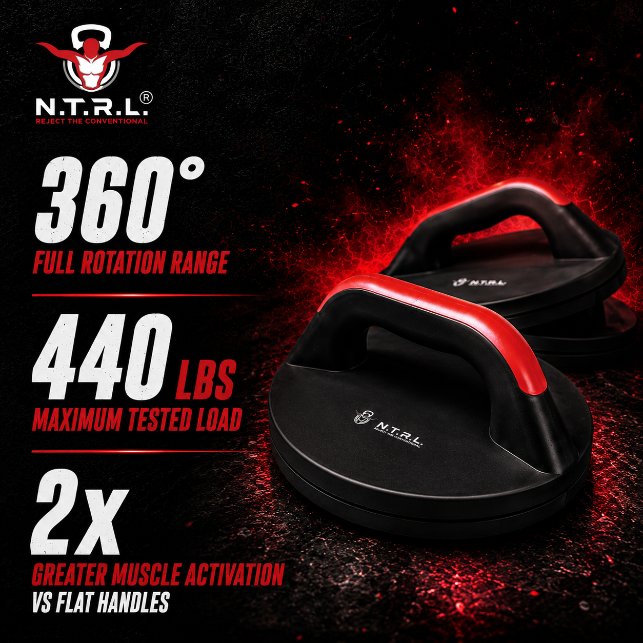 N.T.R.L. Rotating Push-Up Bars — 360° full rotation range, 440 lbs maximum tested load, 2× greater muscle activation vs flat handles