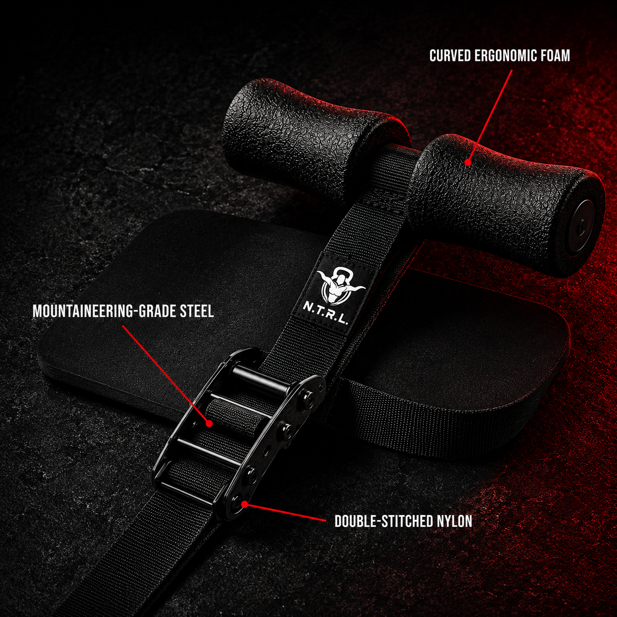 Nordic Hamstring Curl Strap — curved ergonomic foam, mountaineering-grade steel, double-stitched nylon
